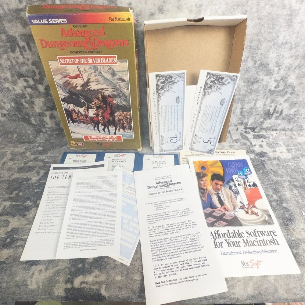 AD&D Secret of the‎ Silver Blades Macintosh CIB Big Box Floppy SSI 1994 Retro